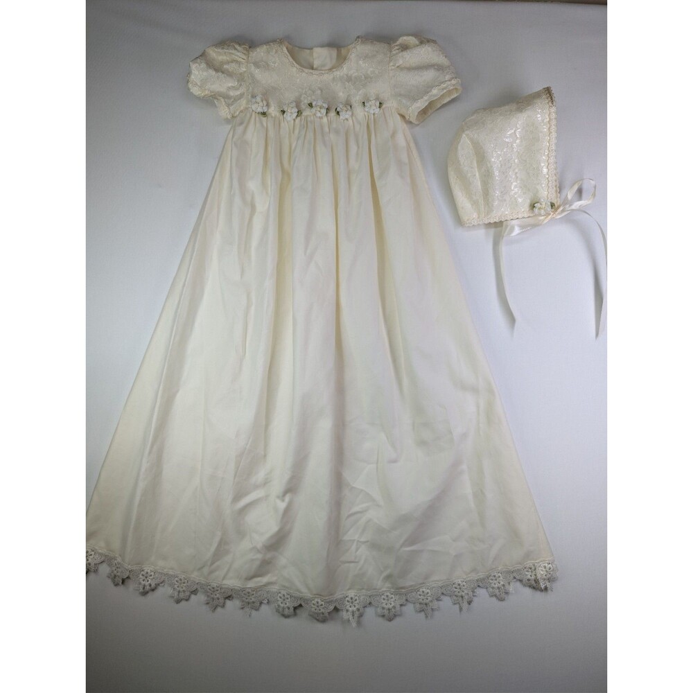 White Baby Christening Gown w/ Bonnet Size 6 Months Lace Trim Heirloom Handmade